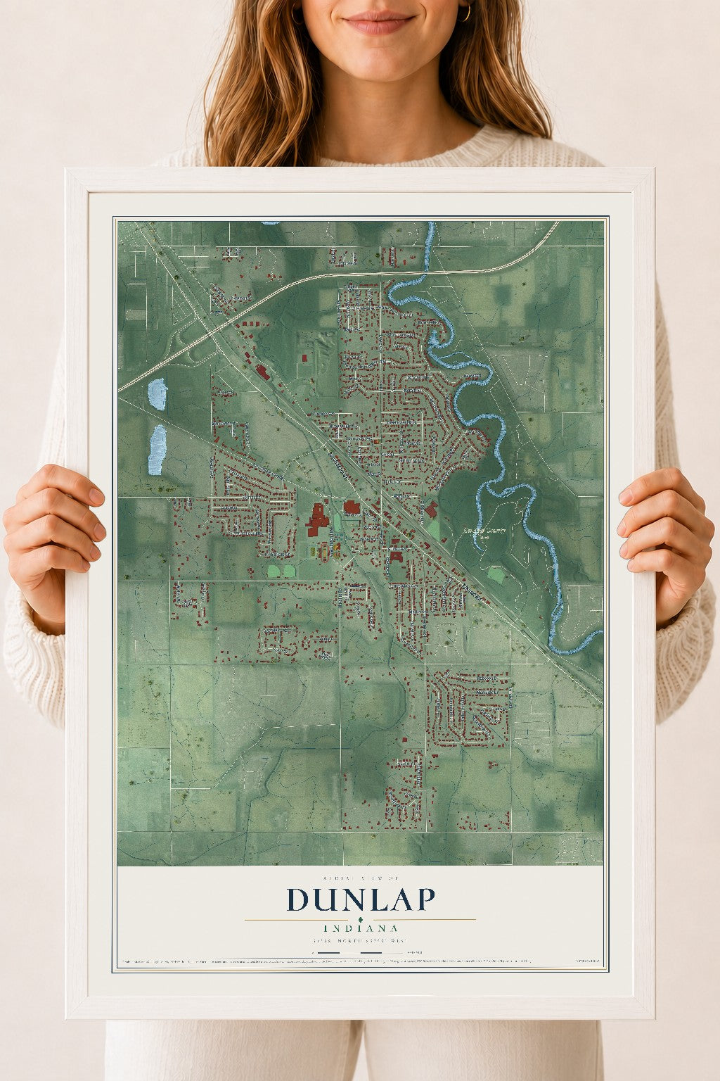 Map of Dunlap, Indiana, 18 x 24 inch print in a white wood frame