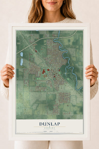 Map of Dunlap, Indiana, 18 x 24 inch print in a white wood frame