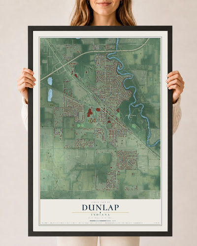 Map of Dunlap, Indiana, 24 x 36 inch print in a black wood frame