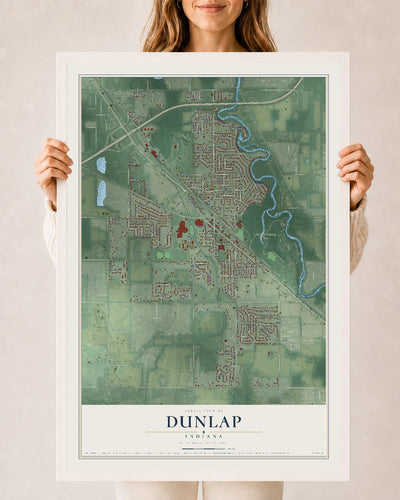 Map of Dunlap, Indiana, 24 x 36 inch print in a white wood frame