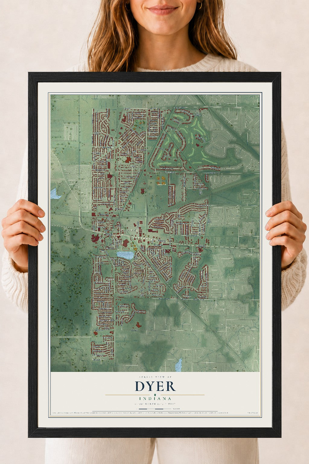 Map of Dyer, Indiana, 18 x 24 inch print in a black wood frame