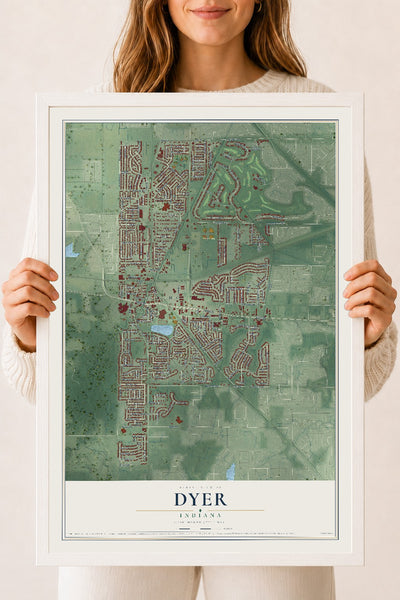 Map of Dyer, Indiana, 18 x 24 inch print in a white wood frame