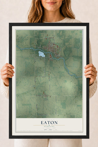 Map of Eaton, Indiana, 18 x 24 inch print in a black wood frame