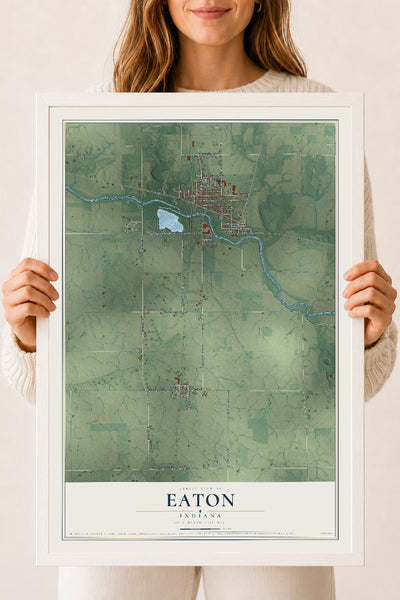 Map of Eaton, Indiana, 18 x 24 inch print in a white wood frame