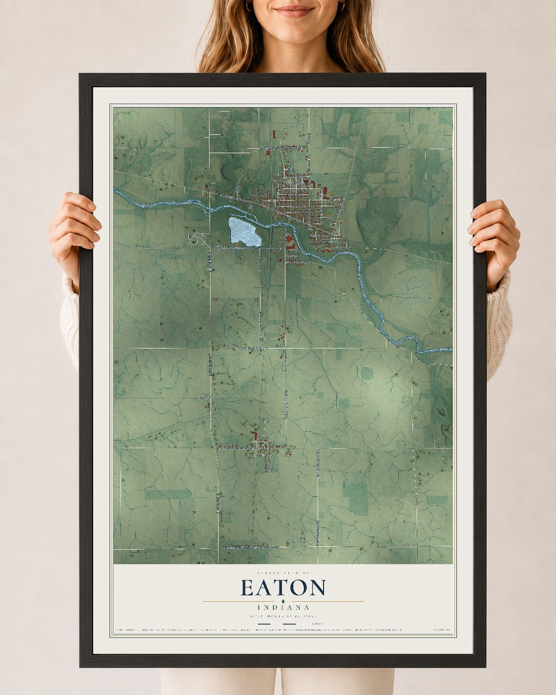 Map of Eaton, Indiana, 24 x 36 inch print in a black wood frame
