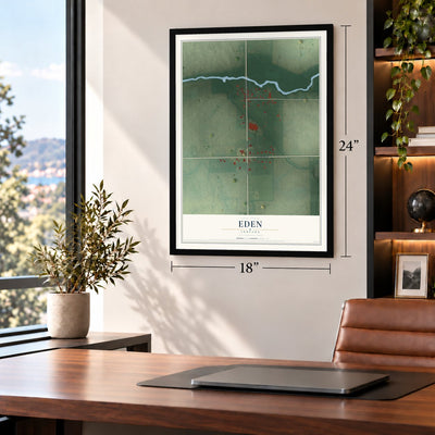 Eden, Indiana map, 18 x 24 inch print in a black frame in a home office