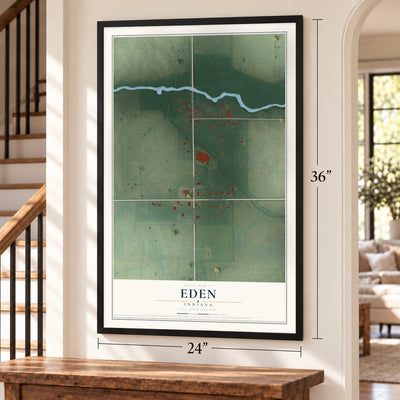 Eden, Indiana map, 24 x 36 inch print in a black frame by a staircase