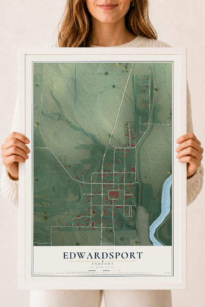Map of Edwardsport, Indiana, 18 x 24 inch print in a white wood frame