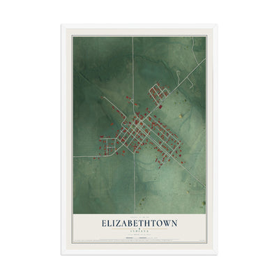Map of Elizabethtown, Indiana, 12 x 18 inch print in a white wood frame