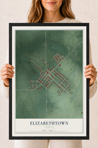 Map of Elizabethtown, Indiana, 18 x 24 inch print in a black wood frame