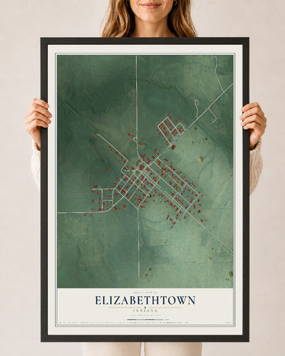 Map of Elizabethtown, Indiana, 24 x 36 inch print in a black wood frame