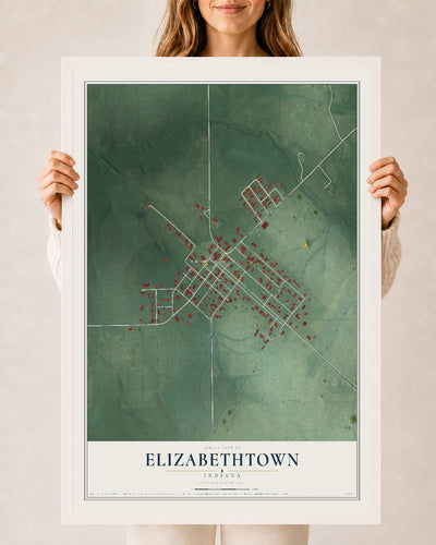 Map of Elizabethtown, Indiana, 24 x 36 inch print in a white wood frame
