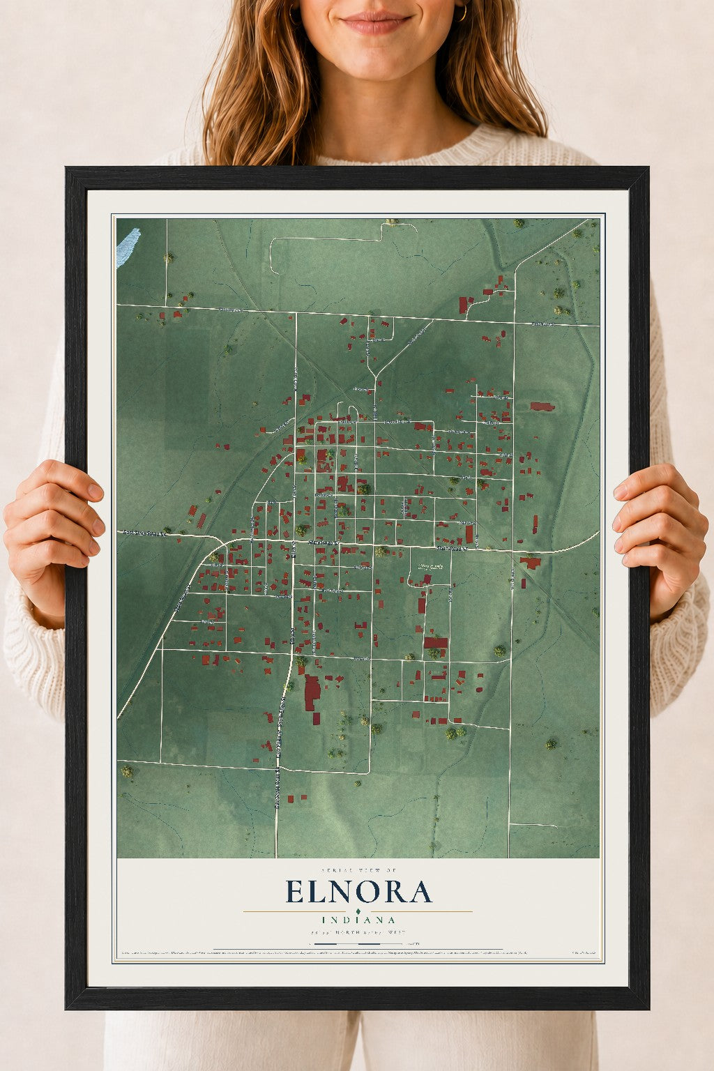 Map of Elnora, Indiana, 18 x 24 inch print in a black wood frame