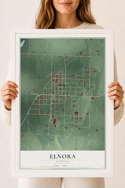 Map of Elnora, Indiana, 18 x 24 inch print in a white wood frame