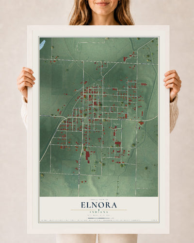 Map of Elnora, Indiana, 24 x 36 inch print in a white wood frame