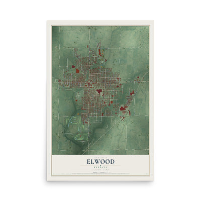 Map of Elwood, Indiana, 12 x 18 inch unframed archival matte print