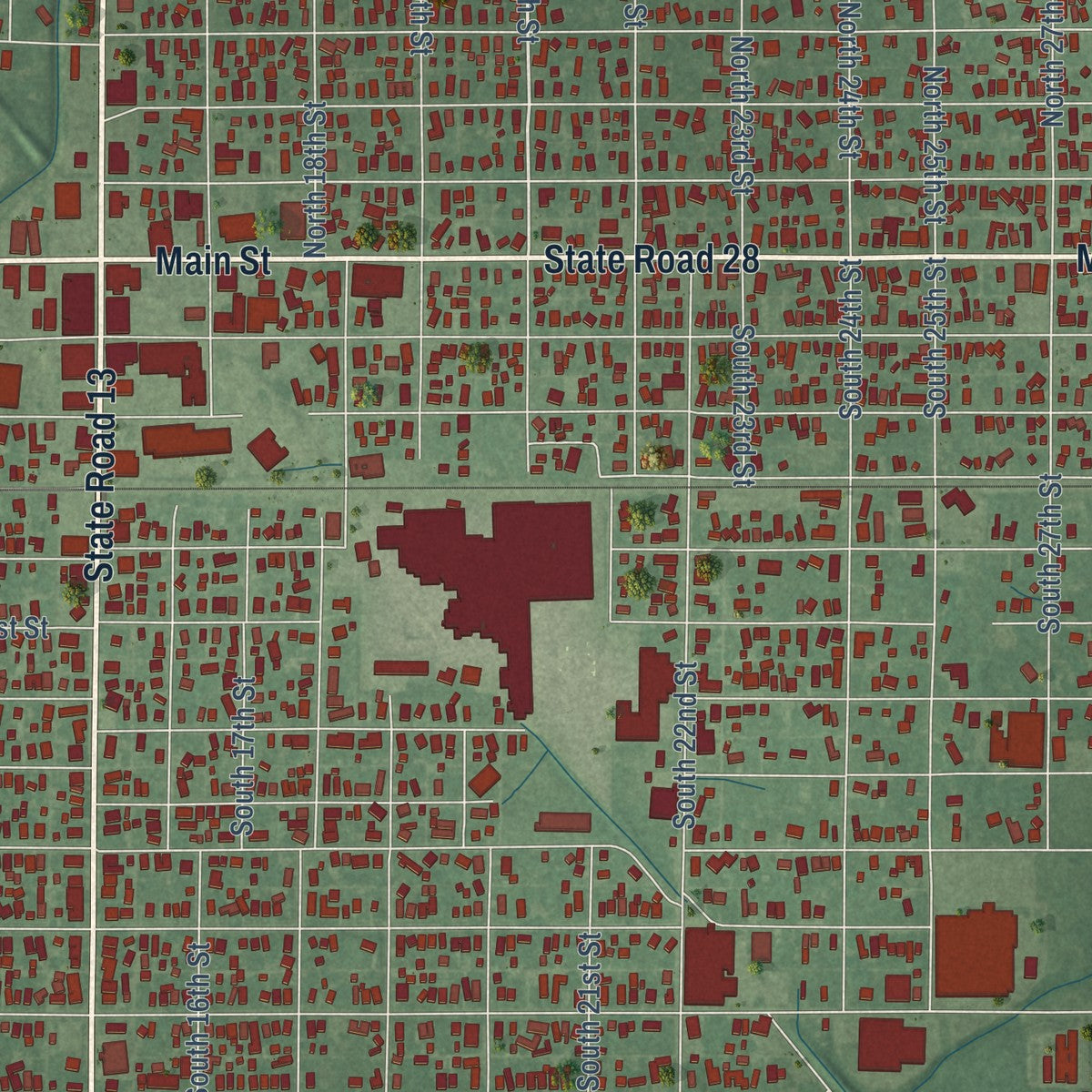 Close-up of the map of Elwood, Indiana print showing street and building detail
