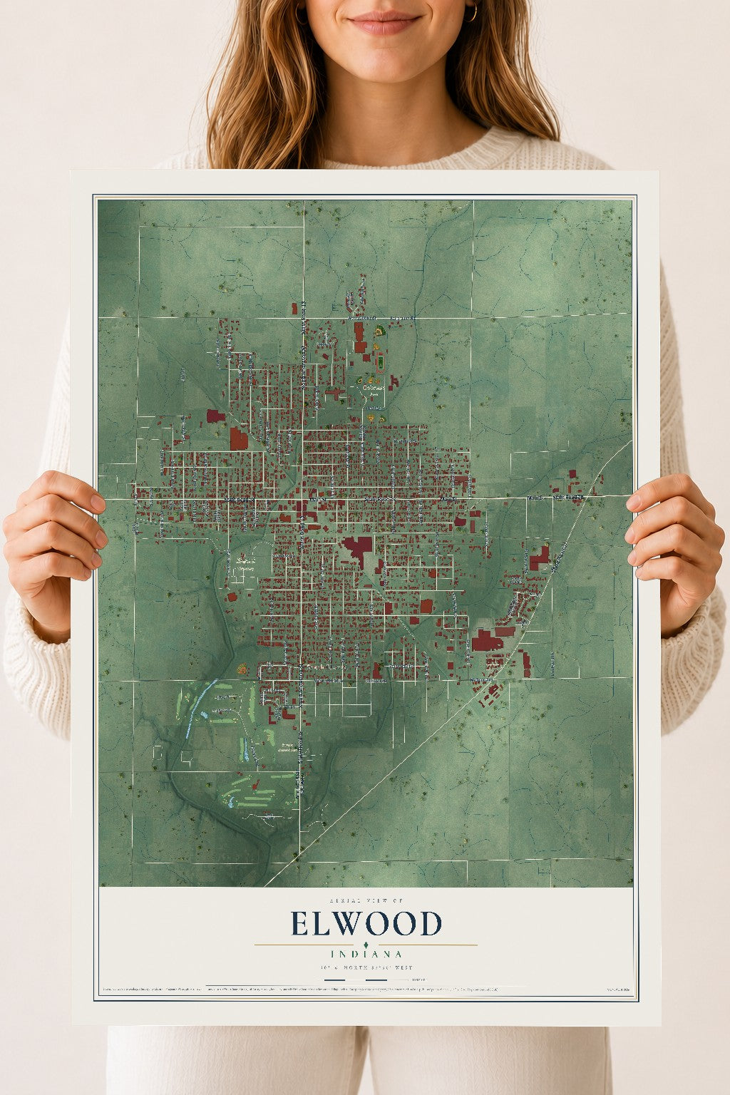 Map of Elwood, Indiana, 18 x 24 inch unframed archival matte print