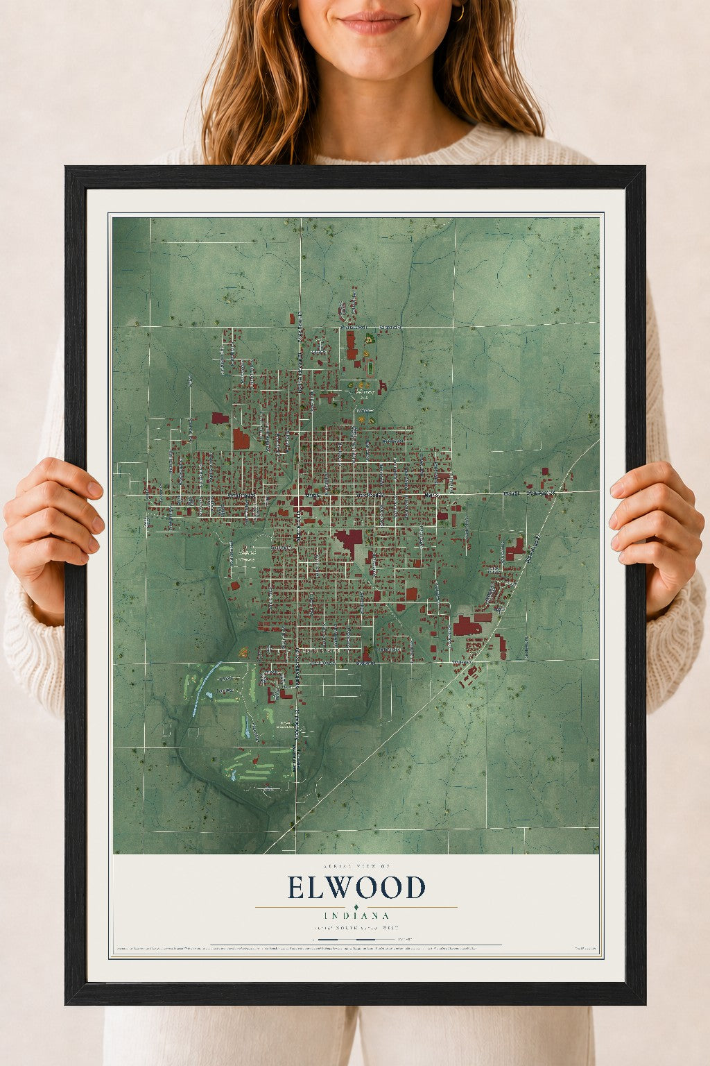 Map of Elwood, Indiana, 18 x 24 inch print in a black wood frame