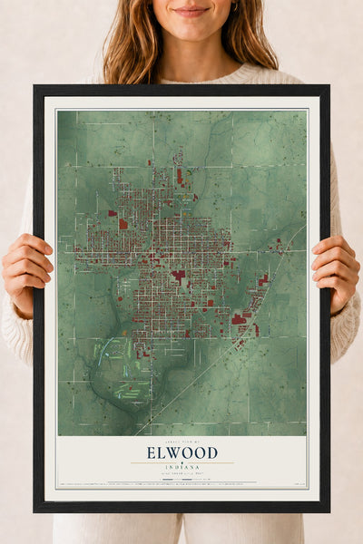 Map of Elwood, Indiana, 18 x 24 inch print in a black wood frame