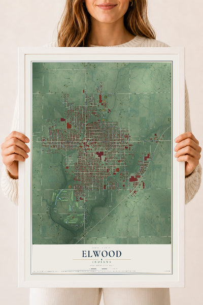 Map of Elwood, Indiana, 18 x 24 inch print in a white wood frame