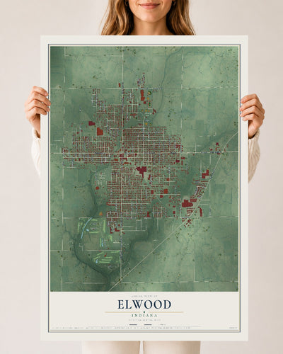 Map of Elwood, Indiana, 24 x 36 inch unframed archival matte print