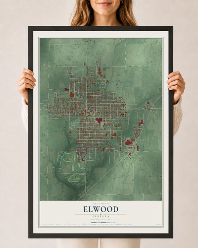 Map of Elwood, Indiana, 24 x 36 inch print in a black wood frame