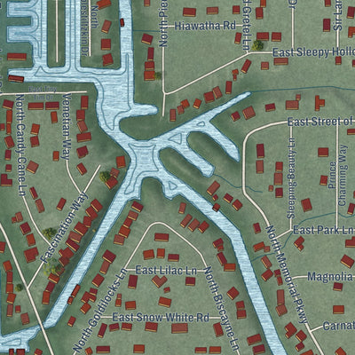 Close-up of the map of Enchanted Hills, Indiana print showing street and building detail
