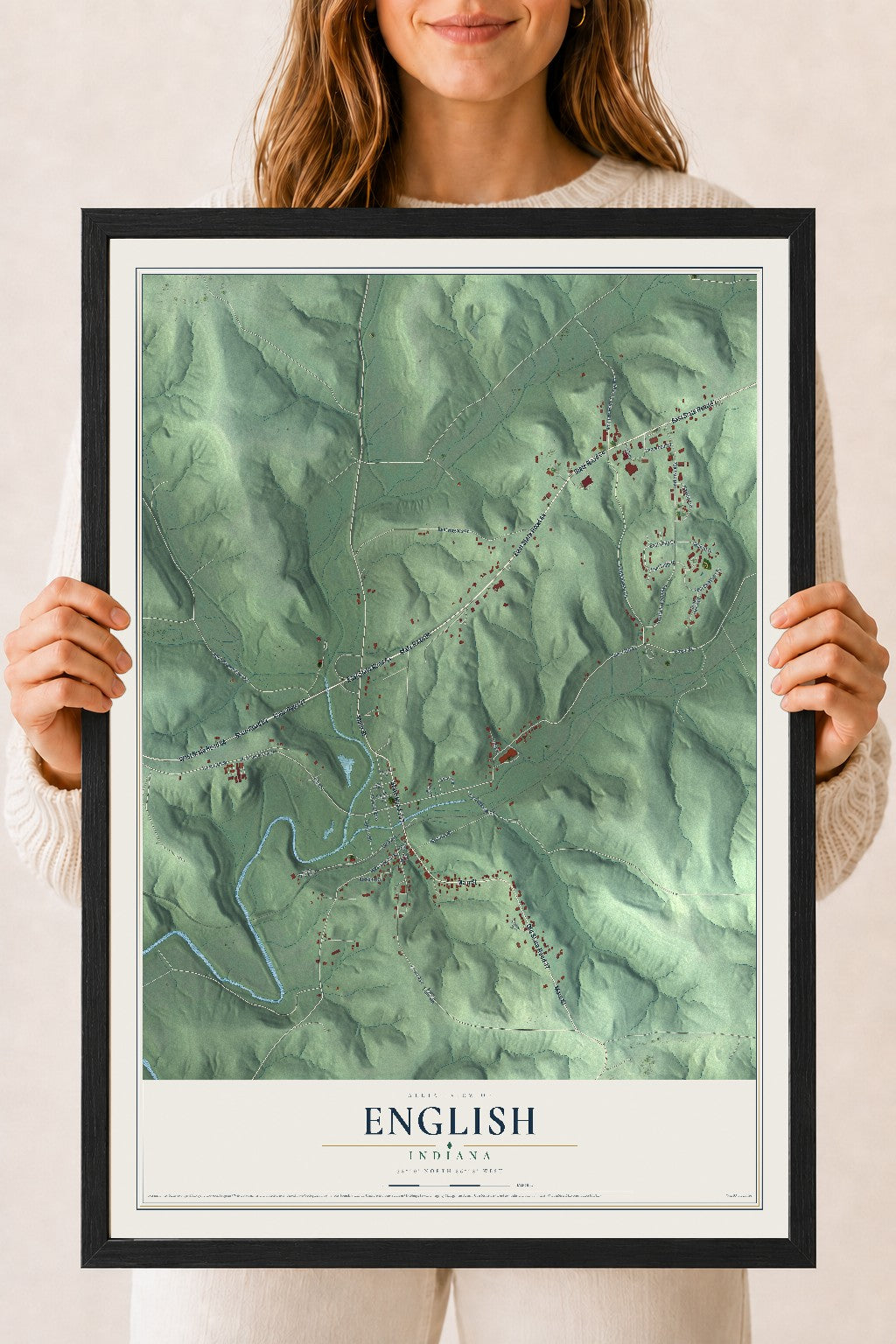 Map of English, Indiana, 18 x 24 inch print in a black wood frame