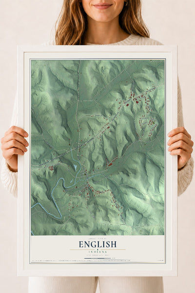 Map of English, Indiana, 18 x 24 inch print in a white wood frame