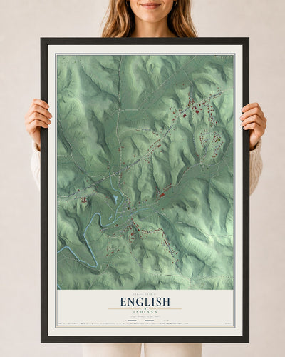 Map of English, Indiana, 24 x 36 inch print in a black wood frame