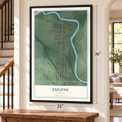 Eugene, Indiana map, 24 x 36 inch print in a black frame by a staircase