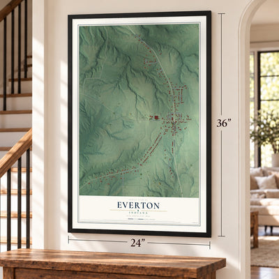 Everton, Indiana map, 24 x 36 inch print in a black frame by a staircase