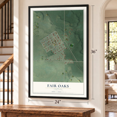 Fair Oaks, Indiana map, 24 x 36 inch print in a black frame by a staircase