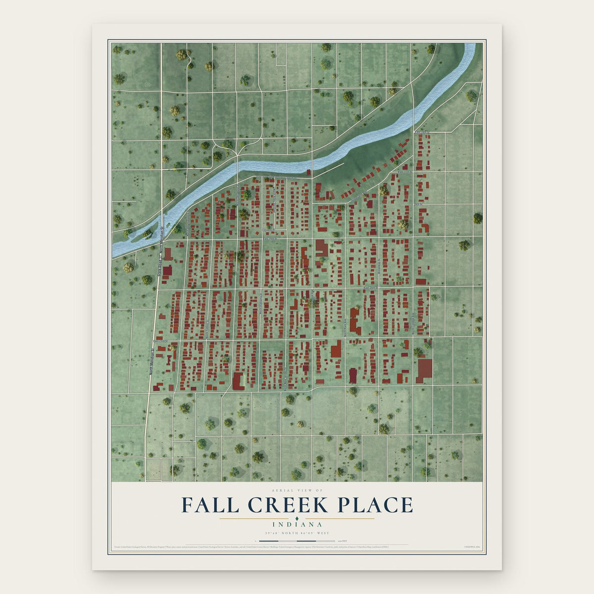 Fall Creek Place, Indiana map print, the full design