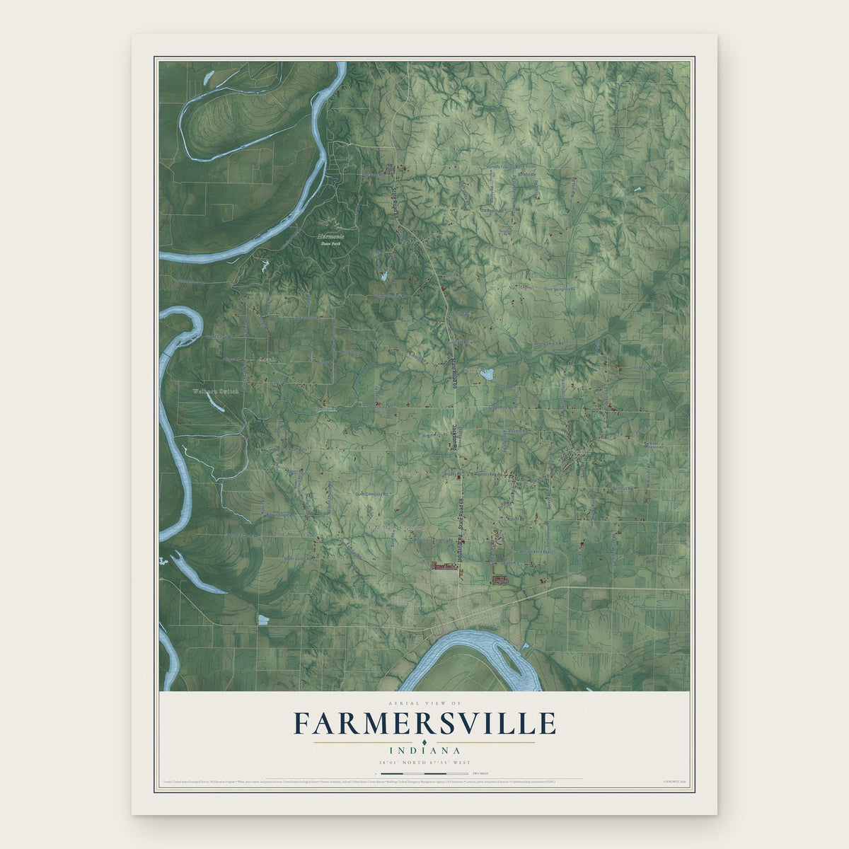 Farmersville, Indiana map print, the full design