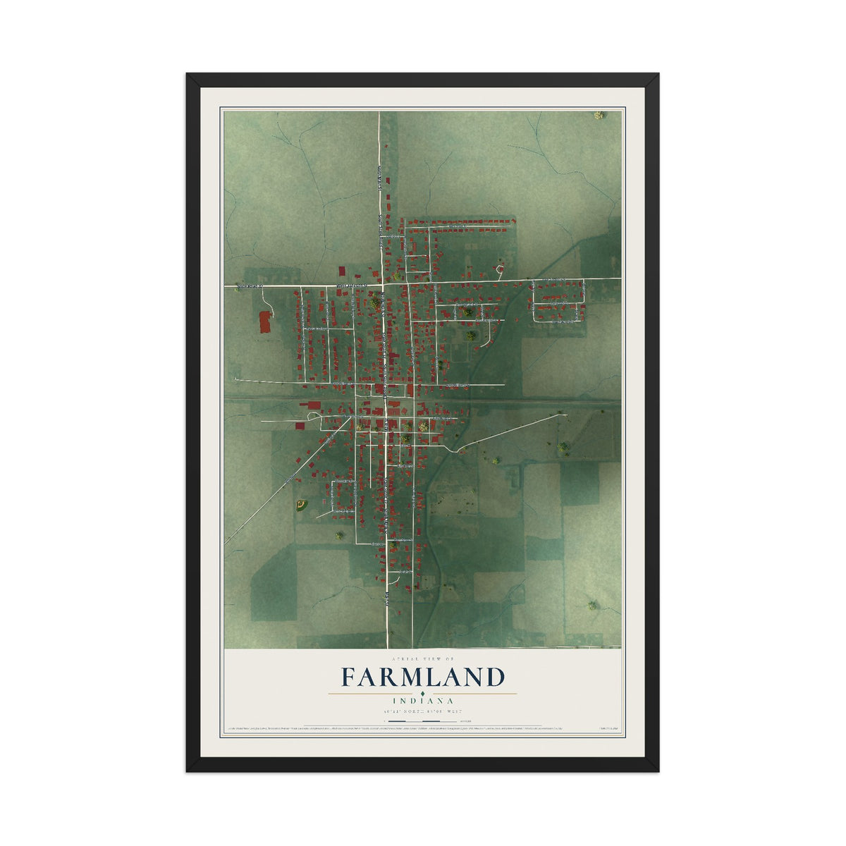 Map of Farmland, Indiana, 12 x 18 inch print in a black wood frame