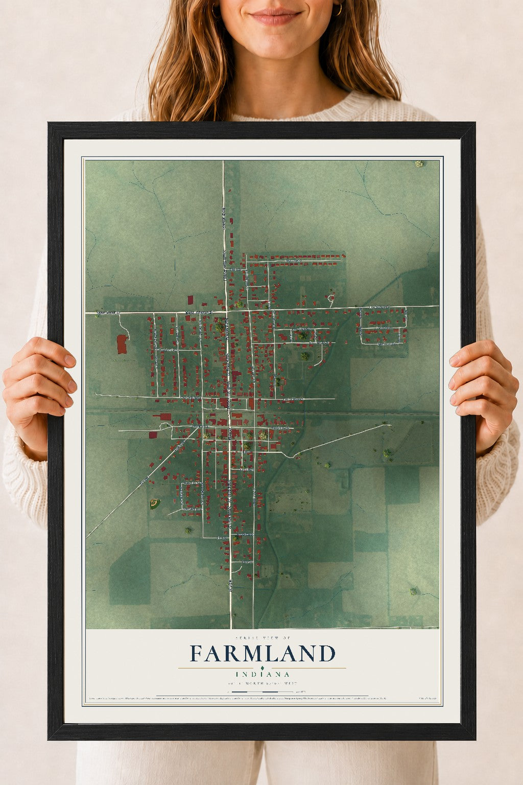 Map of Farmland, Indiana, 18 x 24 inch print in a black wood frame