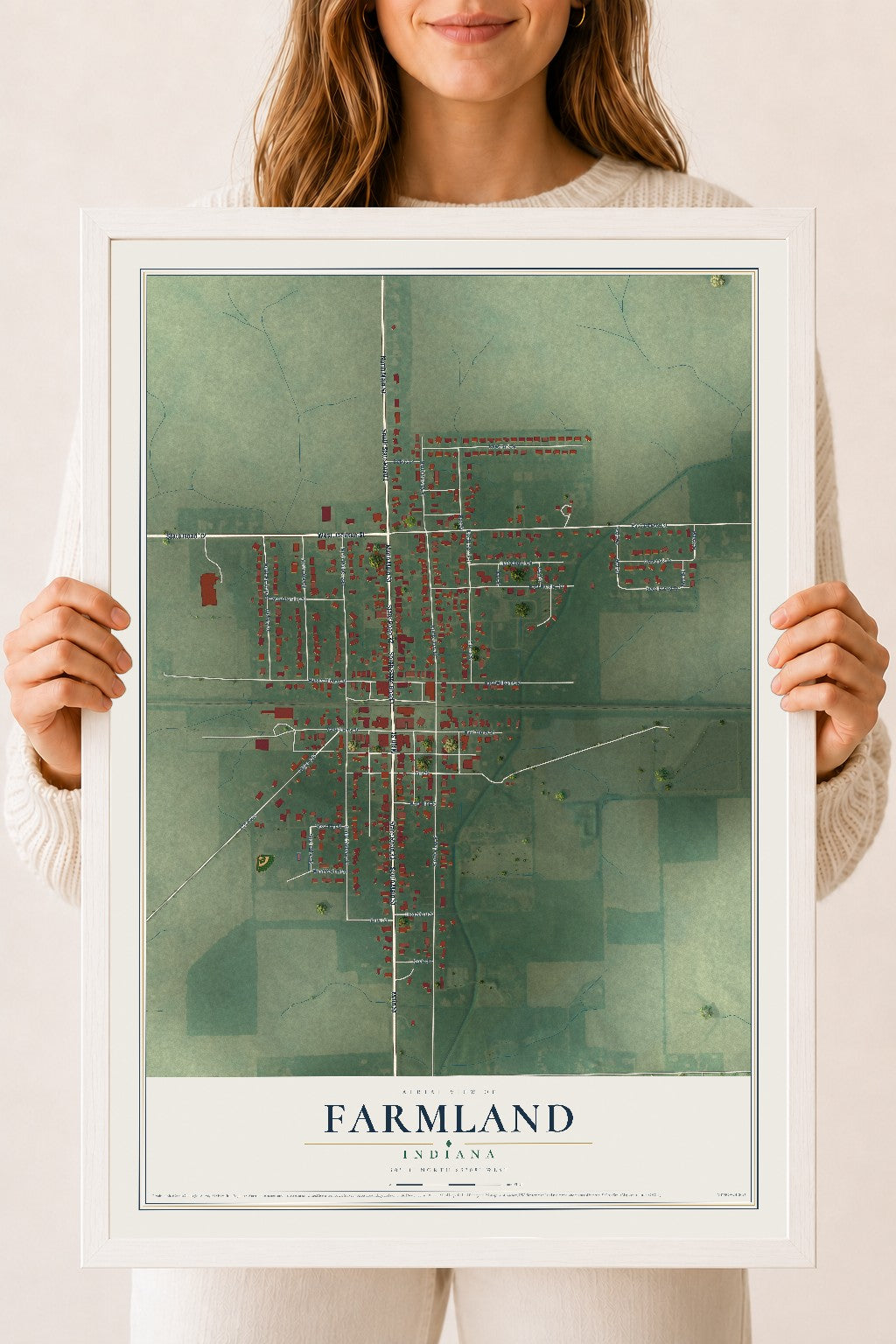 Map of Farmland, Indiana, 18 x 24 inch print in a white wood frame