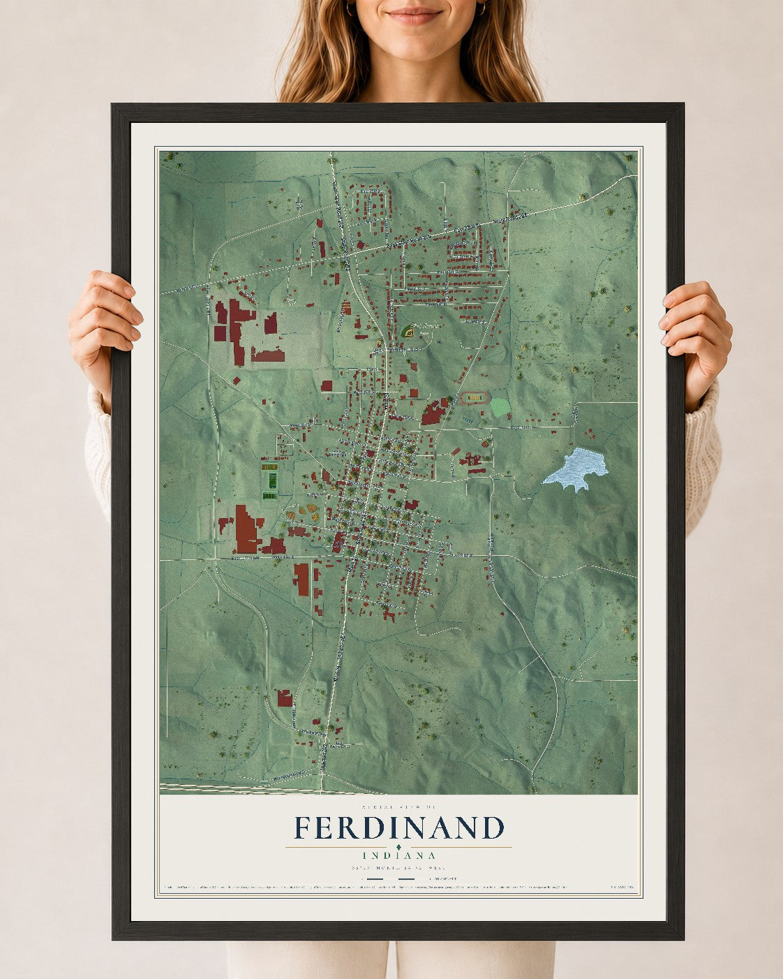 Map of Ferdinand, Indiana, 24 x 36 inch print in a black wood frame