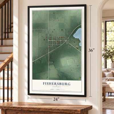 Fishersburg, Indiana map, 24 x 36 inch print in a black frame by a staircase
