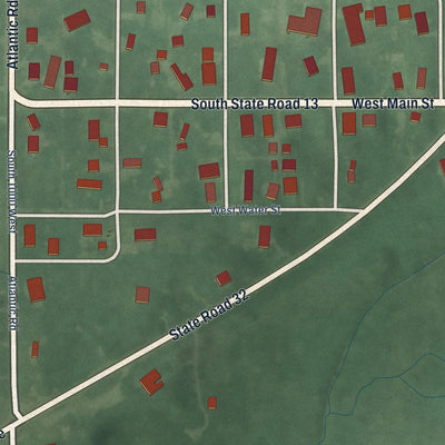 Close-up of the map of Fishersburg, Indiana print showing street and building detail