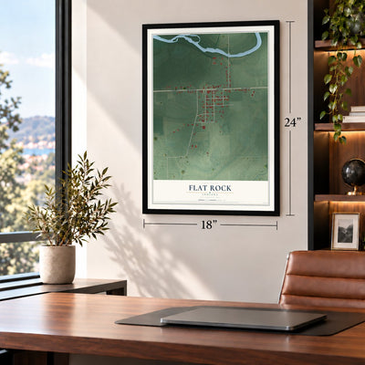 Flat Rock, Indiana map, 18 x 24 inch print in a black frame in a home office