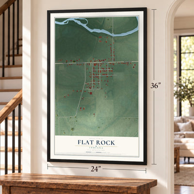 Flat Rock, Indiana map, 24 x 36 inch print in a black frame by a staircase