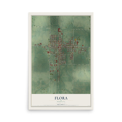 Map of Flora, Indiana, 12 x 18 inch unframed archival matte print