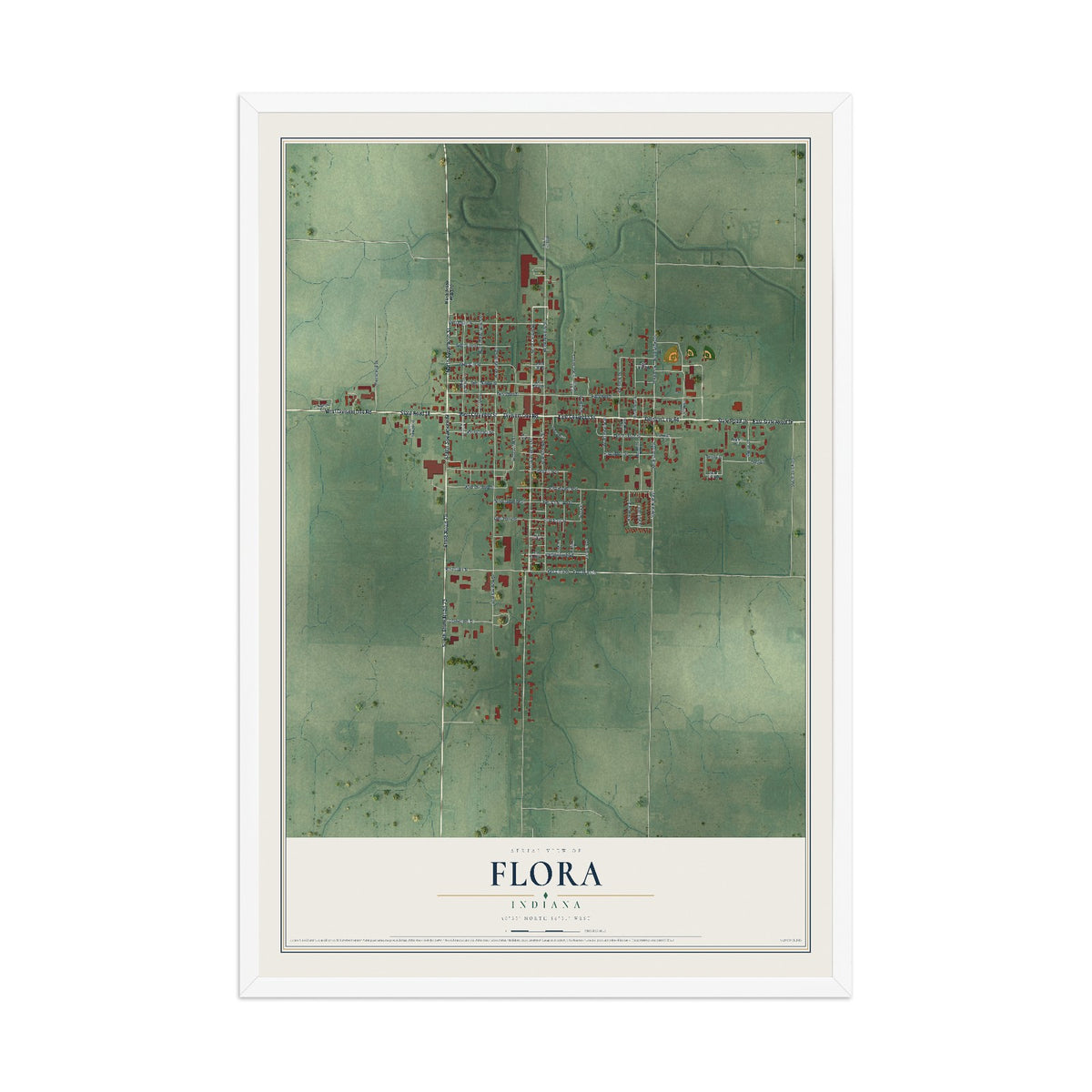 Map of Flora, Indiana, 12 x 18 inch print in a white wood frame