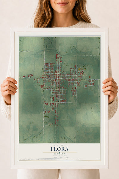 Map of Flora, Indiana, 18 x 24 inch print in a white wood frame