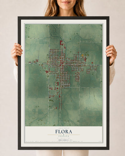Map of Flora, Indiana, 24 x 36 inch print in a black wood frame