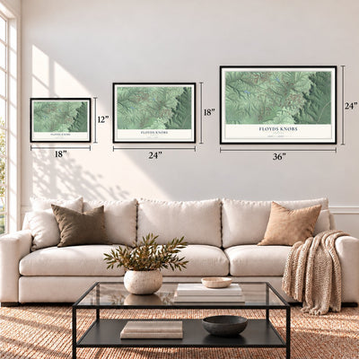 Floyds Knobs, Indiana map in 12 x 18, 18 x 24 and 24 x 36 inch sizes above a sofa