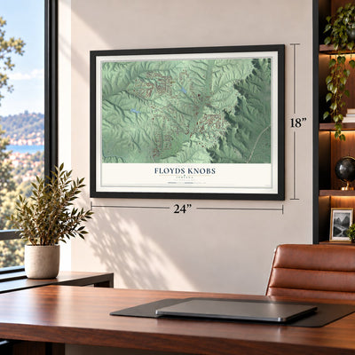 Floyds Knobs, Indiana map, 18 x 24 inch print in a black frame in a home office